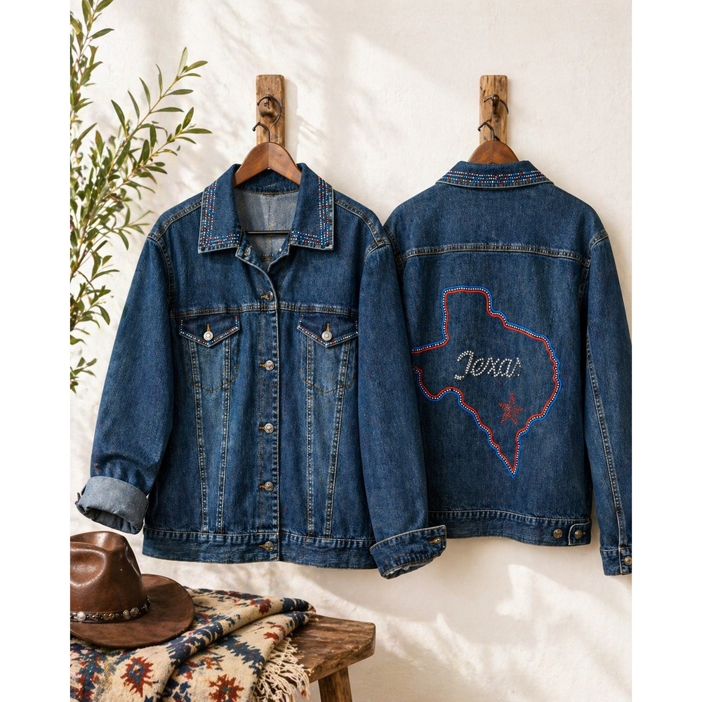 Mirasol Womens‎ XL Dark Wash Denim Jacket Red Blue Rhinestone Embellished Texas